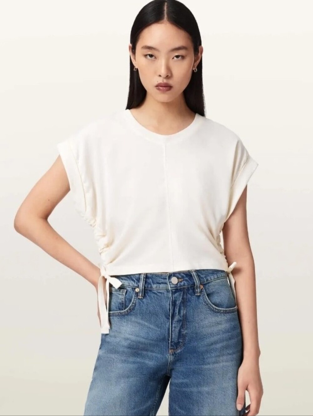 AllSaints Cream Short-Sleeve Tie-Side Crewneck Mira Top Xs